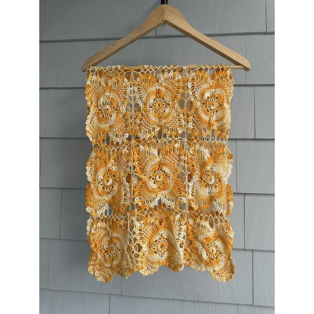 Handmade Crochet Dresser Scarf Table Runner Cotton Yellow Cream Floral 21x43